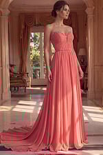 coral evening gown's bodice, showcasing intricate ruching and a sheer mesh plunging neckline detail.