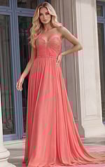 Vibrant coral strapless formal gown with a multi-layered chiffon skirt and a decorative crystal-encrusted belt.