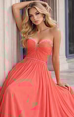 Strapless coral A-line gown featuring a ruched sweetheart bodice and a thin, shimmering beaded waistband.
