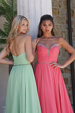 strapless coral chiffon a-line gown - two girls front, blonde back, dark hair hip