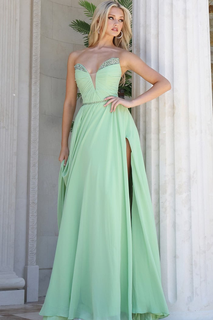 Strapless Chiffon Gown with Crystal Waist 49536