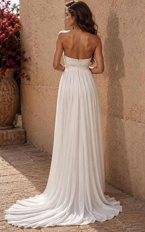 white ruched strapless gown with sweetheart neckline and high slit