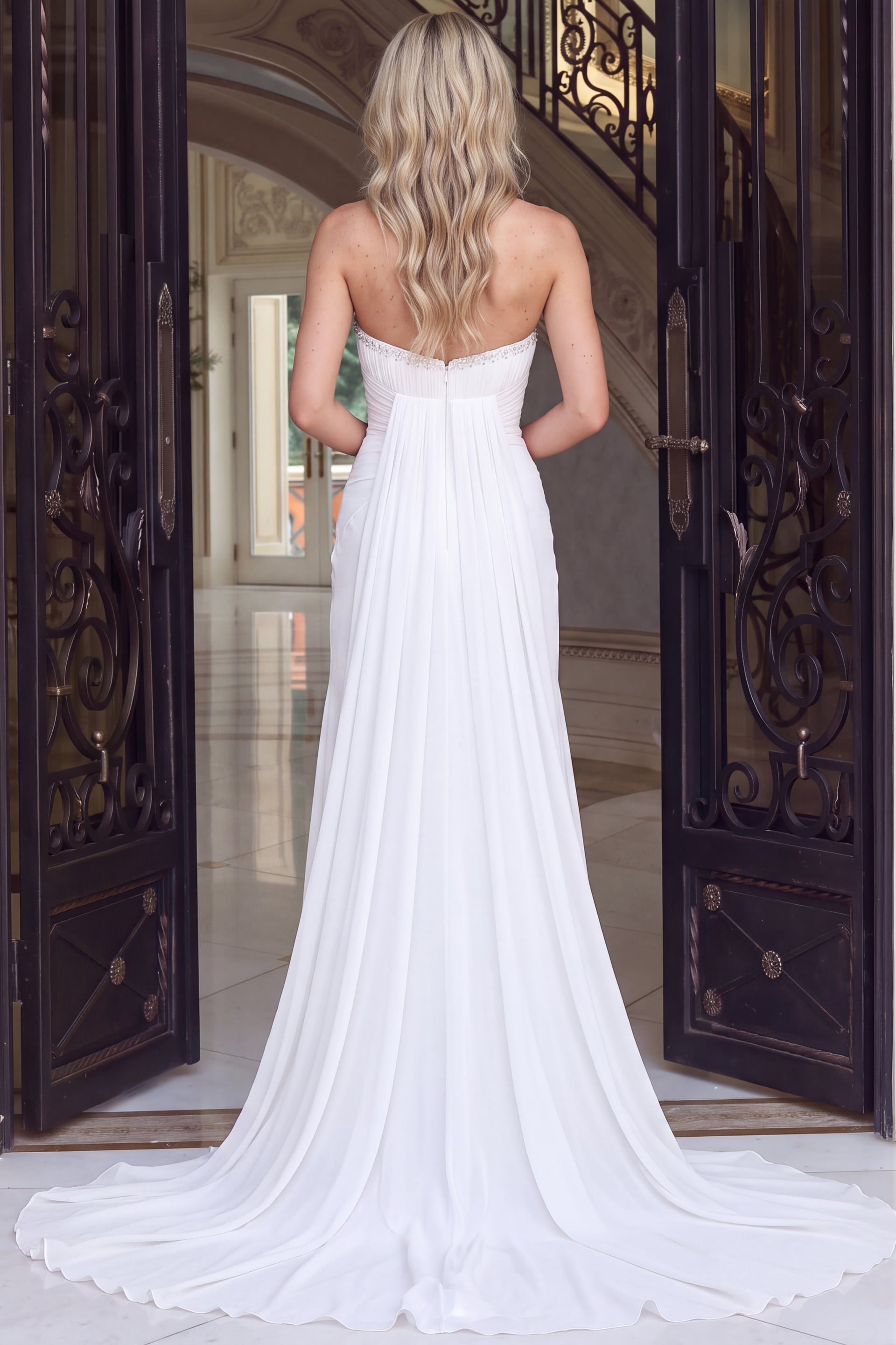 Back view of white strapless jersey gown showing closed zip back and long sweep train