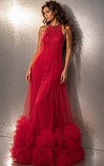 red tulle halter ball gown with beaded bodice and pom pom ruffle hem