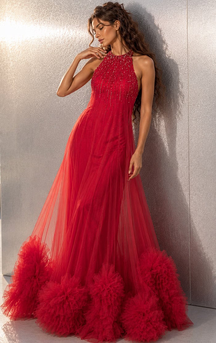 red tulle dress HOPE Formal Polyester Back Zipper Closure Inserted Cups Hand Wash or Dry Clean Model is 54 wearing size 4 Red tulle long A line