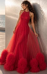 red tulle halter ball gown with beaded bodice and pom pom ruffle hem