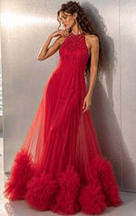 red tulle halter ball gown with beaded bodice and pom pom ruffle hem