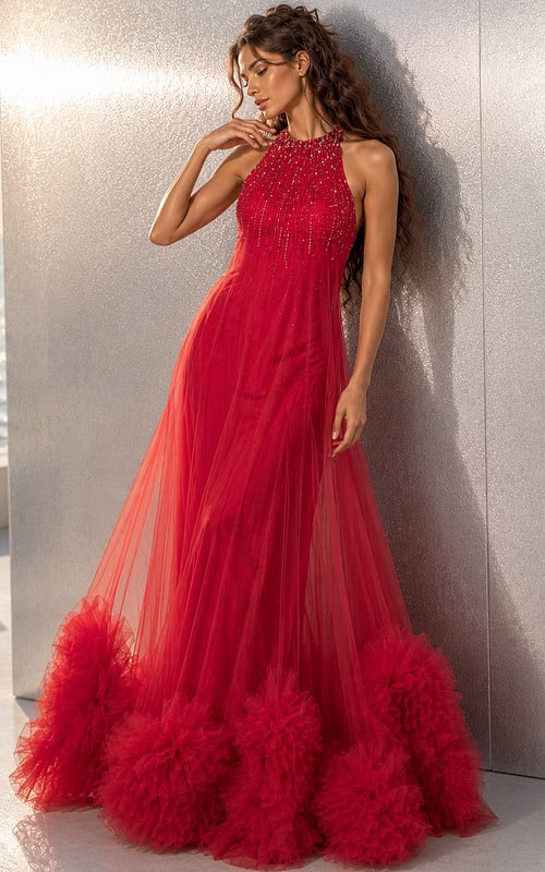 red tulle halter ball gown with beaded bodice and pom pom ruffle hem