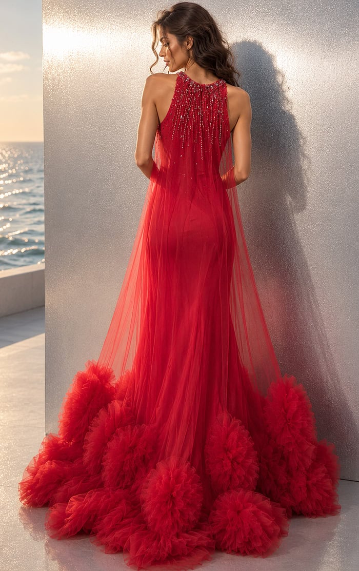 back view of red tulle halter ball gown with beaded bodice
