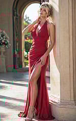 formal gown back view with metallic shine and sculpted silhouette