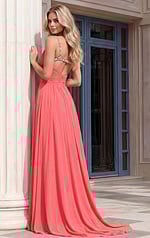 back view of strapless prom dress with open back and fitted silhouette