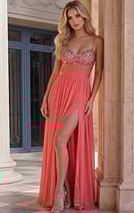 glamorous prom dress front view with sparkling details and slim fit