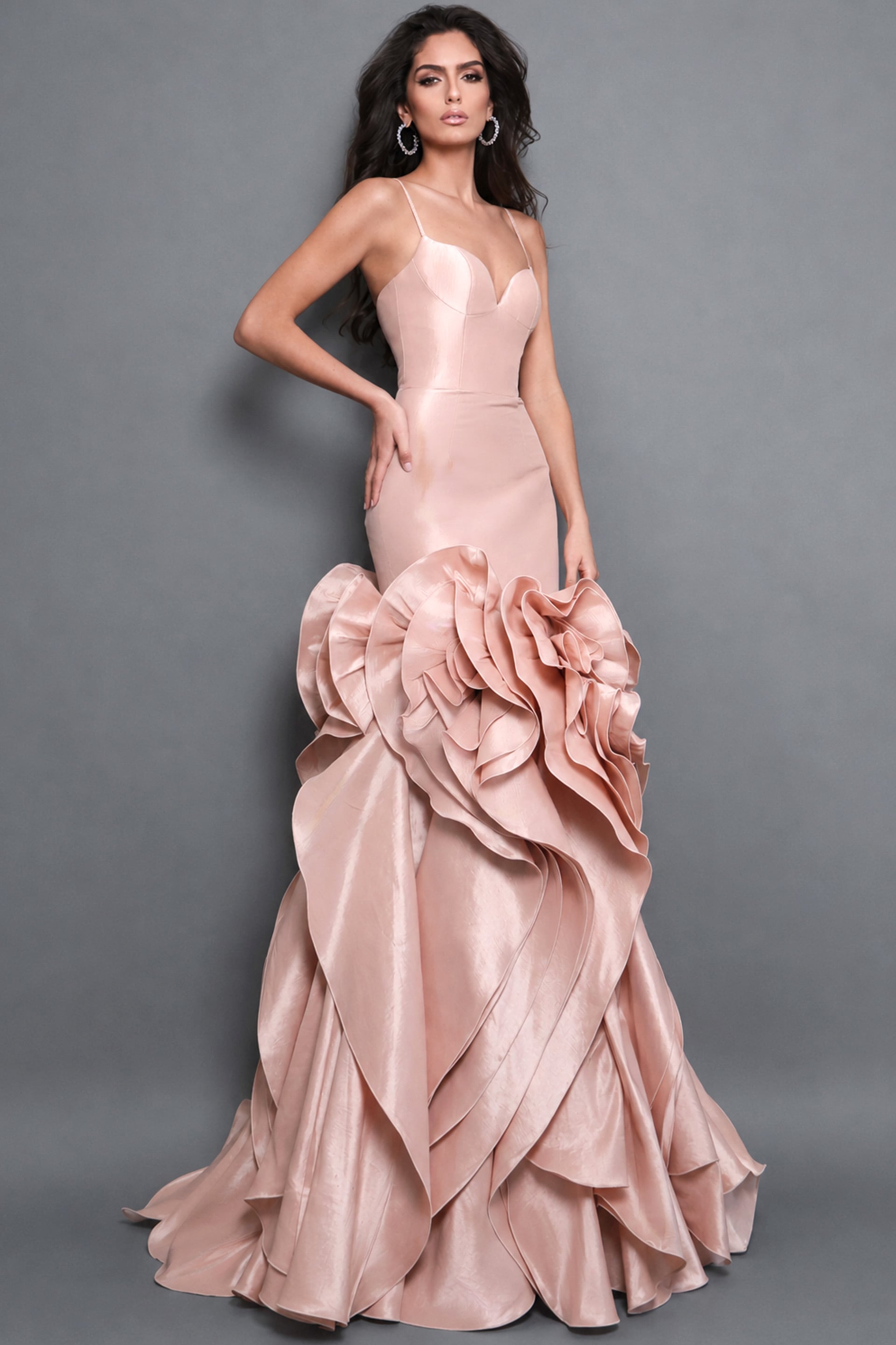 blush pink satin evening gown with slim straps
