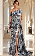 grey floral print one shoulder long gown with asymmetric draped bodice and high slit