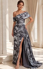 grey floral print one shoulder long gown with asymmetric draped bodice and high slit