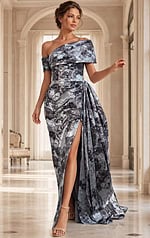back view of grey floral print one shoulder long gown