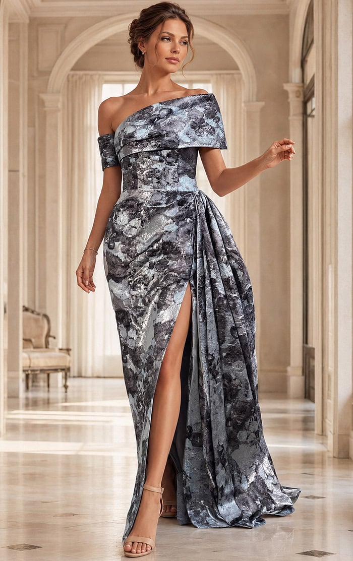 Floral Print One Shoulder Slit Gown 49564 | Jovani