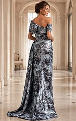 grey floral print one shoulder long gown with asymmetric draped bodice and high slit