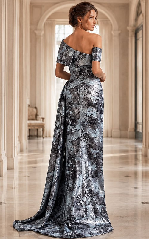 grey floral print one shoulder long gown with asymmetric draped bodice and high slit