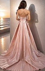 back view of blush pink satin strapless sweetheart ball gown