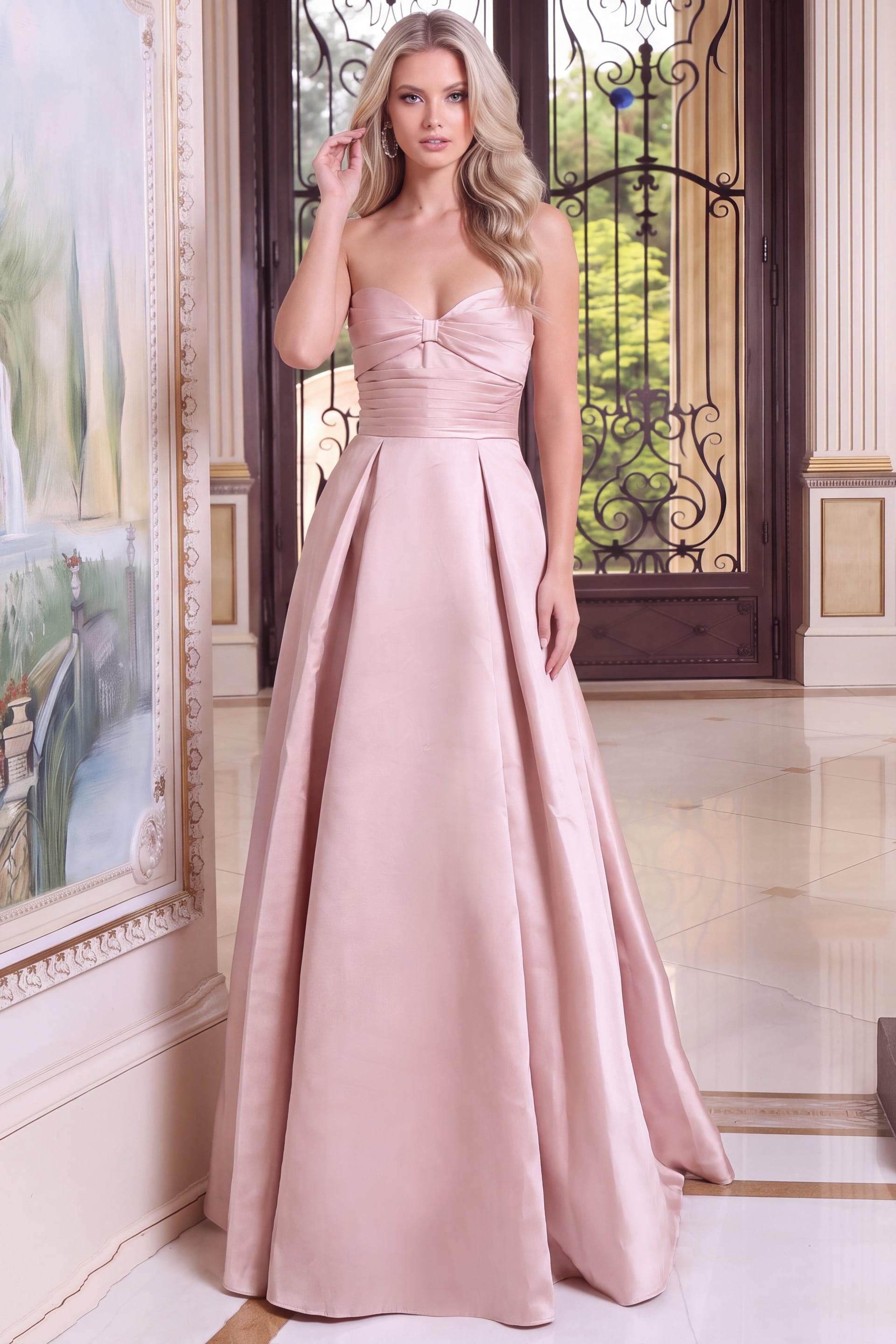 pink strapless ball gown with pleated skirt 49571