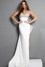 white sheath long dress with strapless sweetheart beaded bodice high slit