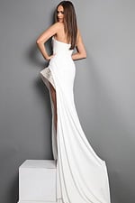white sheath long dress with strapless sweetheart beaded bodice high slit