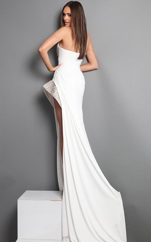 white sheath long dress with strapless sweetheart beaded bodice high slit