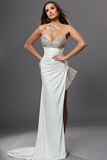 white sheath long dress with strapless sweetheart beaded bodice high slit