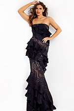 Strapless lace evening gown with ruffled layers