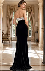 back view of black velvet strapless sheath gown with high slit