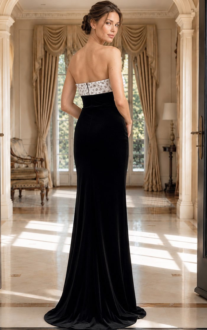 black velvet strapless dress 'Marilla' Ankle length Short Black Velvet Evening Dresses,