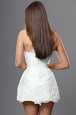 white a line mini dress with strapless scalloped neck beaded applique