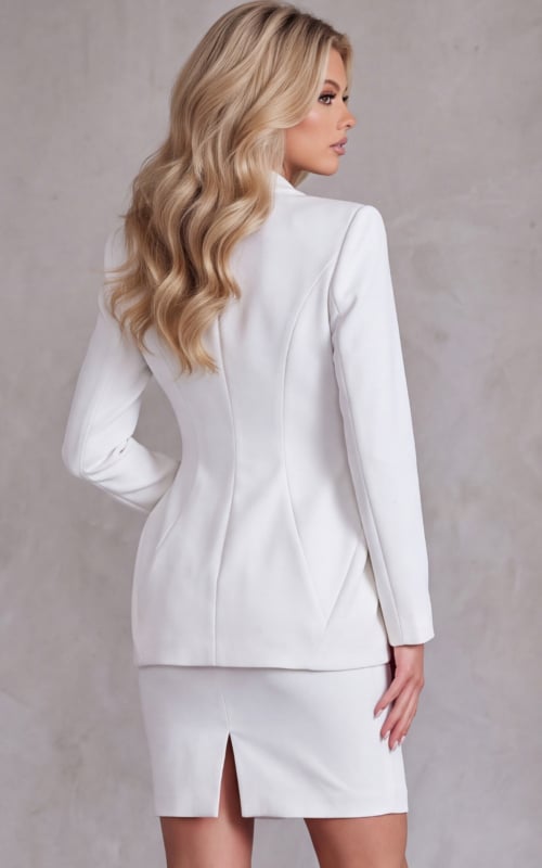 White structured blazer mini dress with deep V-neckline.