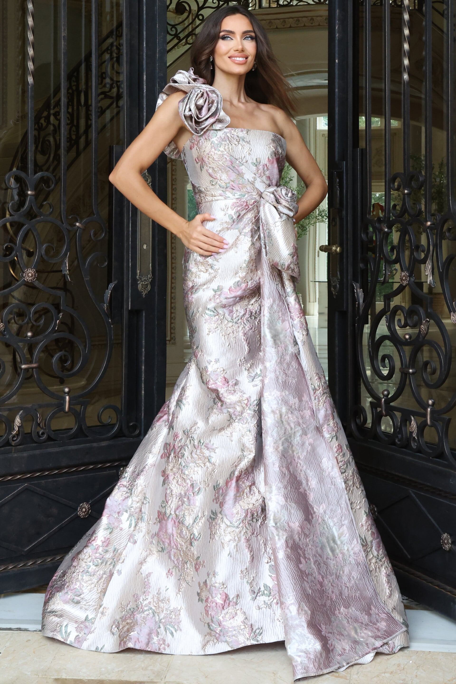 Ivory and pink floral jacquard gown with one-shoulder rosette detail, front view