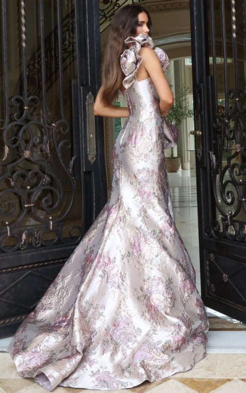 Ivory and pink floral jacquard mermaid gown with ruffled shoulder detail, side view