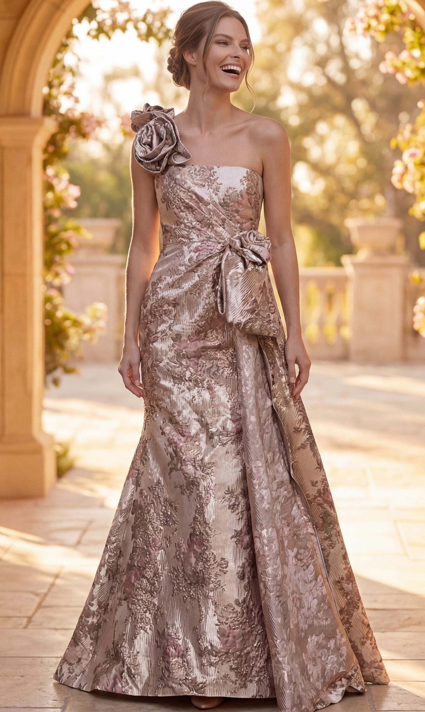 rose gold floral brocade one shoulder mermaid gown with ruffle detail