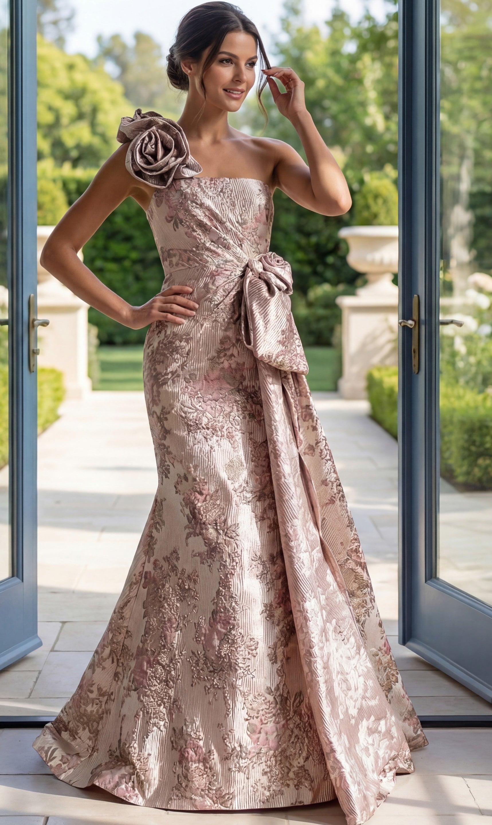 rose gold floral brocade one shoulder mermaid gown with ruffle detail