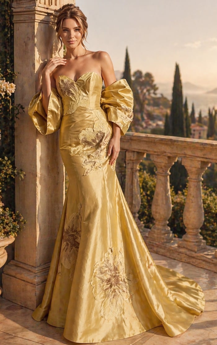 yellow floral applique strapless mermaid gown with sweetheart neckline