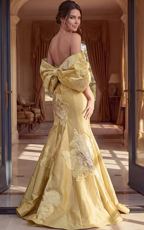back view of yellow floral applique strapless mermaid gown