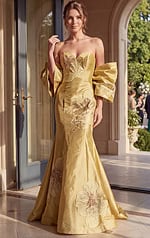 yellow floral applique strapless mermaid gown with sweetheart neckline