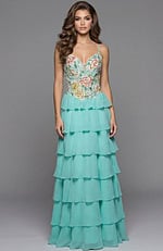 Tiered chiffon gown with floral appliqué bodice and flowing layered skirt shown from the front