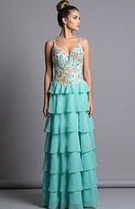 Tiered chiffon gown with floral appliqué bodice shown in an alternate color variation