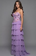 Side view of a tiered chiffon gown with floral appliqué bodice and soft layered movement