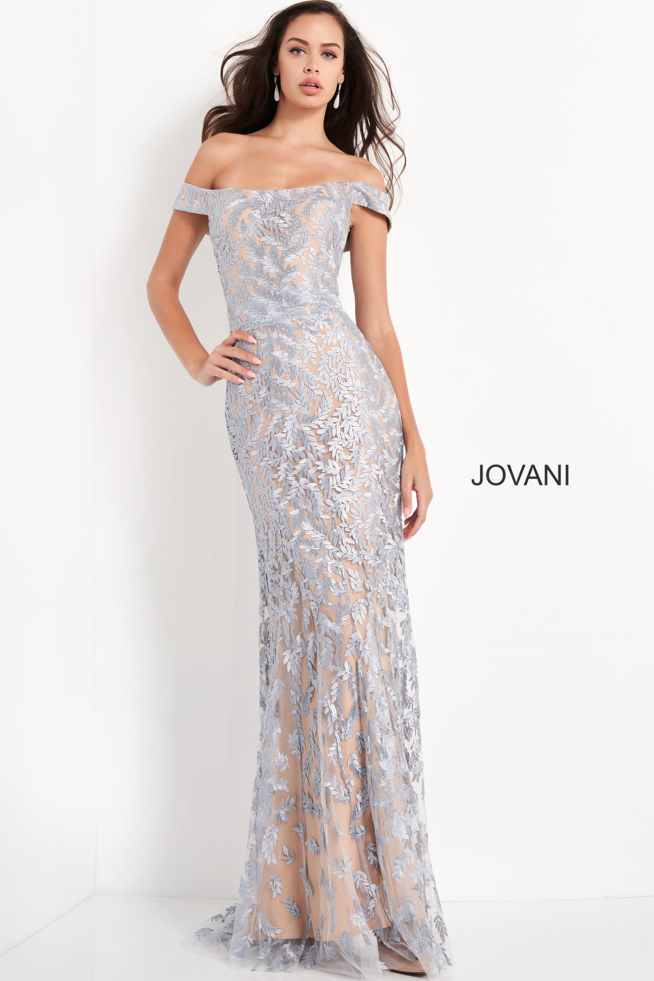 Jovani 49634 Light Blue Off the Shoulder Mother of the Bride Dress 