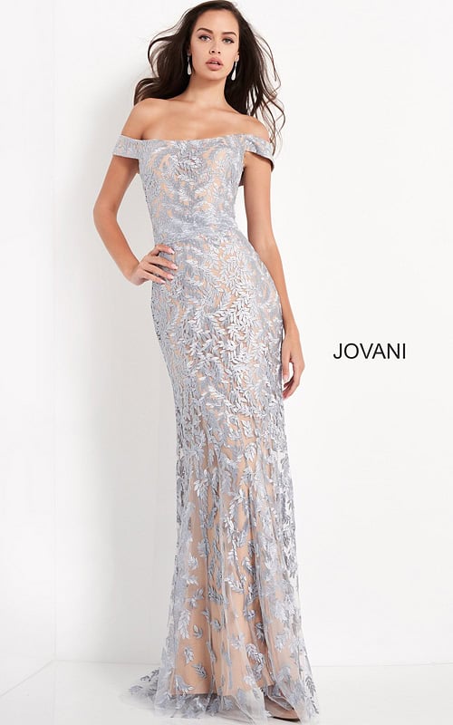 model wearing Jovani 49634 in light blue with off-the-shoulder neckline and floral lace overlay