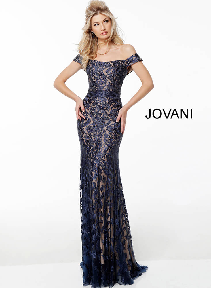 Model wearing Jovani 49634 Light Blue Off the Shoulder Mother of the Bride Dress
