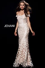 Model wearing Jovani 49634 gold lace dress, front view.
