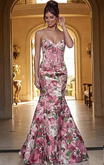 strapless floral prom dress front view with corset bodice and high slit