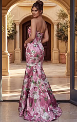 back view of strapless prom dress with open back and fitted silhouette